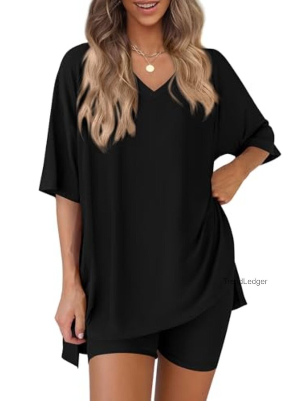 Womens 2 Piece Lounge Set V Neck Oversized Top & Biker Shorts